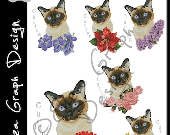 Custom Siamese Cat Cross Stitch Pattern with chooseable flowers and custom name in PDF Counted cat Pattern