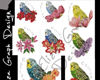 Custom Budgie Parrots Cross Stitch Pattern, with chooseable flowers and custom name in PDF, Counted Parrot, Pattern