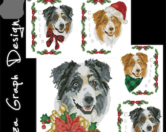 Custom Christmas Australian Shepherd Cross Stitch Pattern with chooseable decoration and custom name in PDF Counted dog Pattern