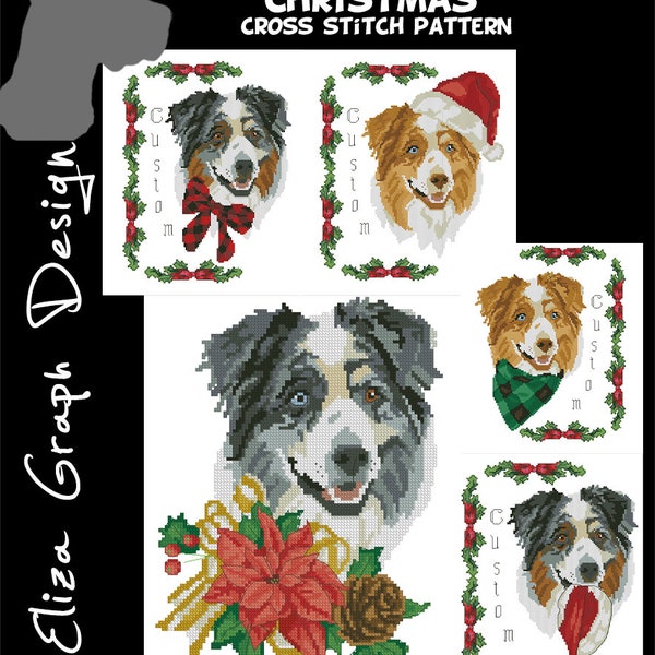 Custom Christmas Australian Shepherd Cross Stitch Pattern with chooseable decoration and custom name in PDF Counted dog Pattern