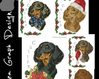 Custom Christmas Dachshund Cross Stitch Pattern with chooseable decoration and custom name in PDF Counted dog Pattern