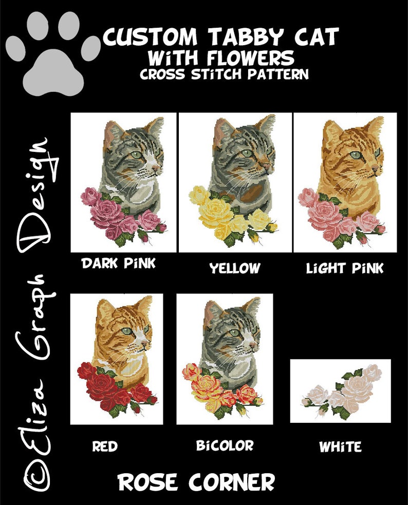 Custom Tabby Cat Cross Stitch Pattern With Chooseable Flowers and ...