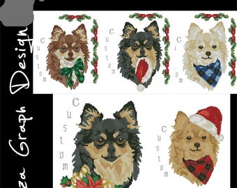 Custom Christmas Long Haired Chihuahua Cross Stitch Pattern with chooseable decoration and custom name in PDF Counted dog Pattern