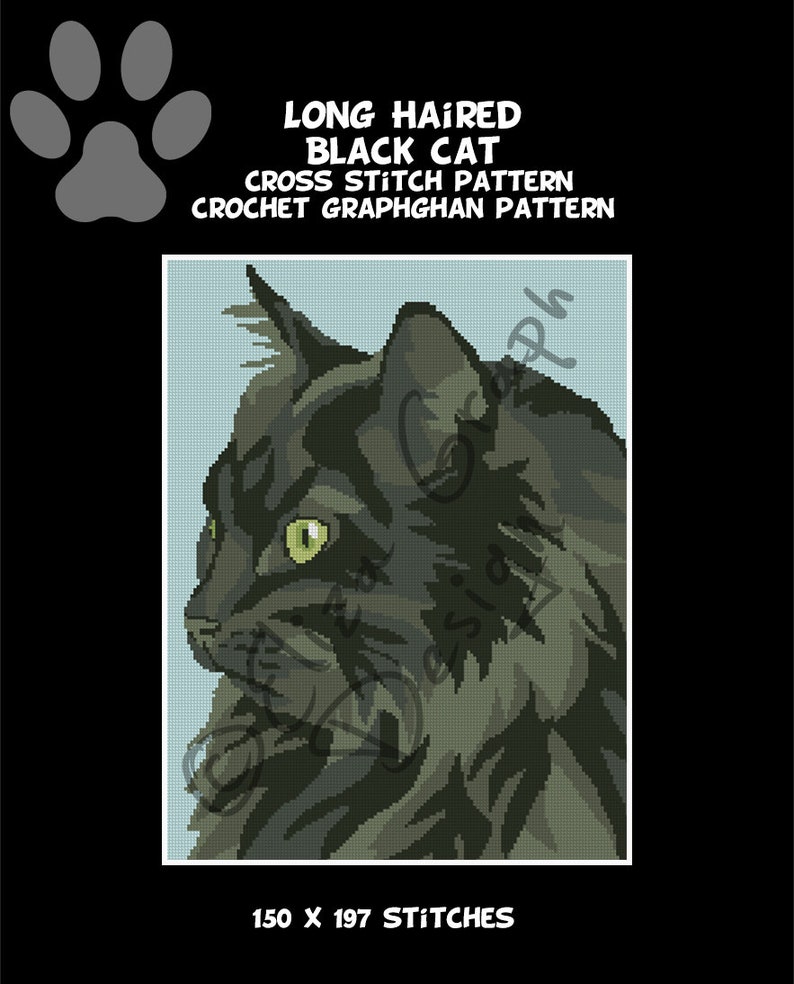 Long Haired Black Cat CROSS STITCH Pattern, CROCHET Graphghan Blanket
