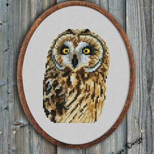 May include: Cross stitch pattern of a brown and tan owl with yellow eyes. The owl is framed in a brown wooden hoop.