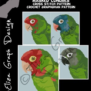 Cherry-headed conure, Mitred parakeet, Blue-crowned parakeet, Dusky-headed parakeet CROSS STITCH Pattern, CROCHET Graphghan Blanket Pattern