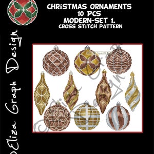 Modern Christmas Ball Cross Stitch Patterns PDF, 10 pcs Christmas ornament, Purple, Bronz Ornaments