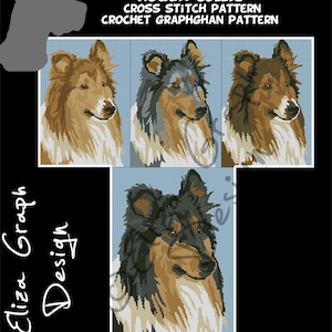 May include: Cross stitch pattern for a Rough Collie dog. The pattern includes four different color variations of the dog, including sable, blue merle, tri-color, and black and tan. The pattern is 130 stitches wide by 183 stitches high.