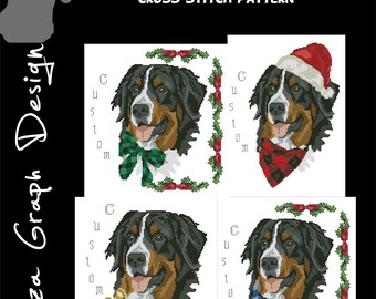 Custom Christmas Bernese Mountain Dog Cross Stitch Pattern with chooseable decoration and custom name in PDF Counted dog Pattern