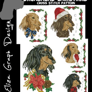 May include: Cross stitch pattern featuring four different designs of long-haired dachshund dogs wearing festive Christmas attire. The designs include a dachshund wearing a Santa hat, a dachshund with a blue bow, a dachshund with a poinsettia, and a dachshund with a red and black plaid scarf.