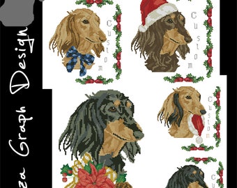 Custom Christmas Dachshund Long Haired Cross Stitch Pattern with chooseable decoration and custom name in PDF Counted dog Pattern