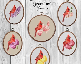 Bird with Flower Cross Stitch Pattern Cardinal Choose flower Magnolia Tulip Liliac Japanese quince  Counted PDF Plastic Canvas Pattern