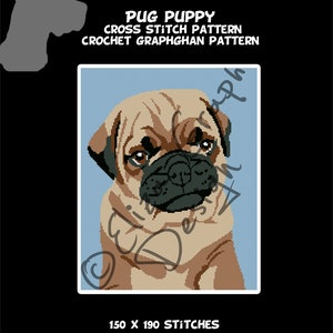 Op de afbeelding: Kruissteek- en haakpatroon van een mops puppy met bruine vacht, zwarte neus en bruine ogen. Het patroon is 150 x 190 steken.