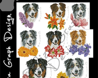 Custom Australian Shepherd Cross Stitch Pattern, with chooseable flowers and custom name in PDF, Counted dog Pattern