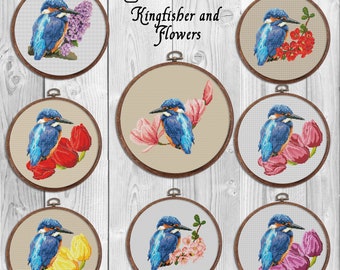 Kingfisher Bird with Flower Cross Stitch Pattern Choose flower Magnolia Tulip Liliac Japanese quince Counted PDF Plastic Canvas Pattern