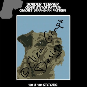 May include: Cross stitch pattern of a Border Terrier dog with a blue background. The pattern is 150 x 180 stitches. The pattern is by Eliza Design Graph.