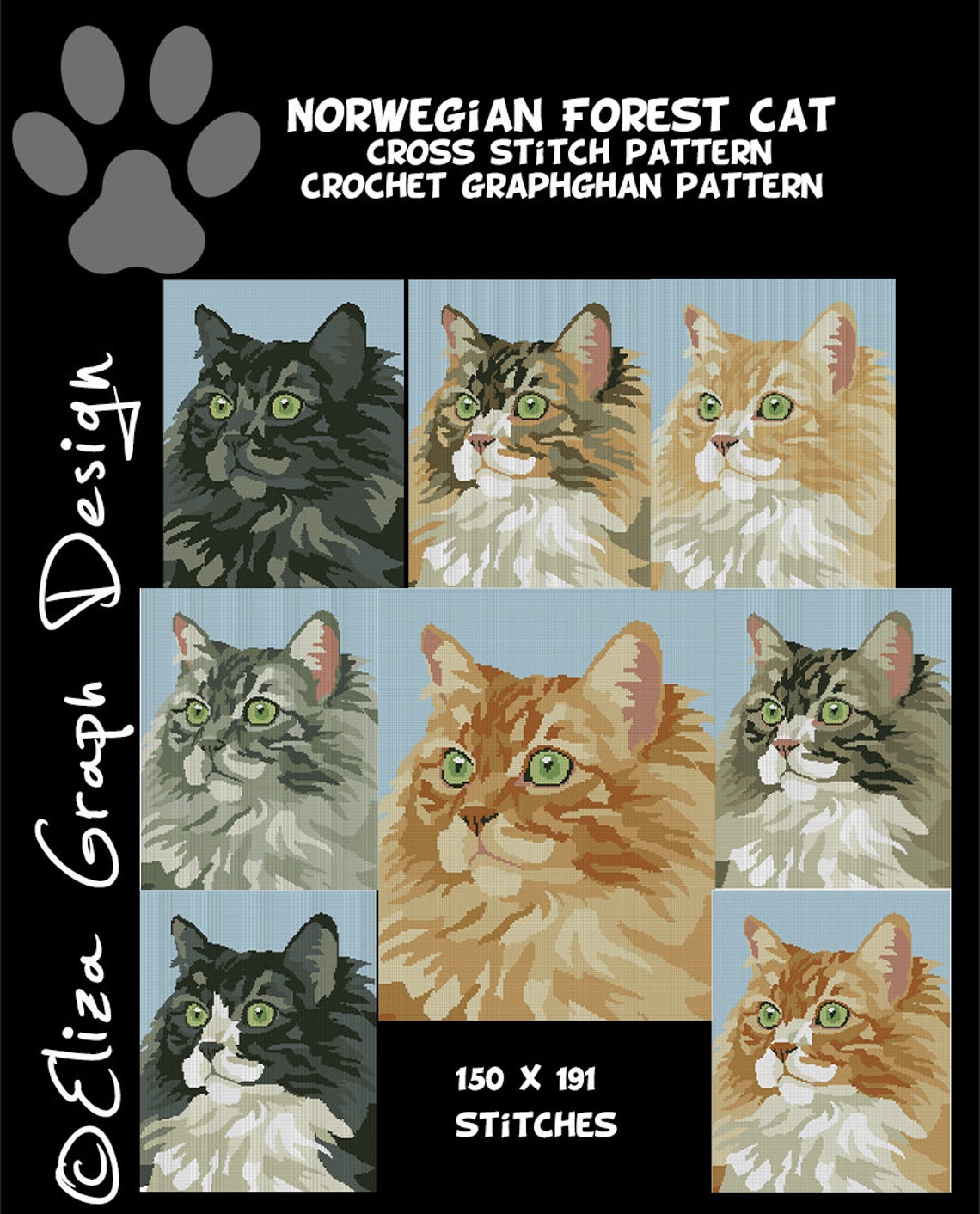 Norwegian Forest Cat CROSS STITCH Pattern, CROCHET Graphghan Blanket ...