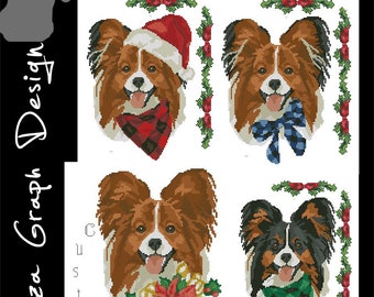 Custom Christmas Papillon Cross Stitch Pattern with chooseable decoration and custom name in PDF Counted dog Pattern