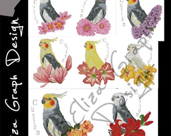 Custom Cockatiel Cross Stitch Pattern, with chooseable flowers and custom name in PDF, Counted Parrot, Pattern