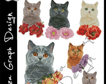 Custom Brititsh Shorthair Cat Cross Stitch Pattern with chooseable flowers and custom name in PDF Counted cat Pattern