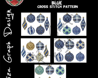 Blue Christmas Ball Cross Stitch Patterns PDF, 6 pcs Christmas ornament, Blue Ornaments