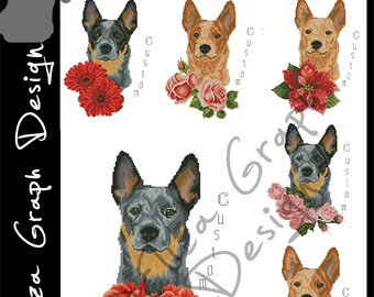 Custom Australian Cattle Dog Cross Stitch Pattern with custom flowers and custom name in PDF Counted Dog Pattern