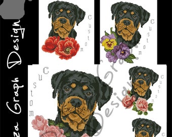 Custom Rottweiler Cross Stitch Pattern with custom flowers and custom name in PDF Counted Dog Pattern