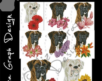 Custom Boxer Cross Stitch Pattern, with chooseable flowers and custom name in PDF, Counted dog Pattern