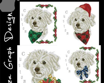 Custom Christmas Bichon Cross Stitch Pattern with chooseable decoration and custom name in PDF Counted dog Pattern