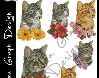 Custom Tabby Cat Cross Stitch Pattern with chooseable flowers and custom name in PDF Counted cat Pattern
