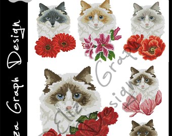 Custom Ragdoll Cat Cross Stitch Pattern with chooseable flowers and custom name in PDF Counted cat Pattern