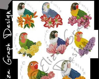 Custom Lovebird Parrots Cross Stitch Pattern, with chooseable flowers and custom name in PDF, Counted Parrot, Pattern