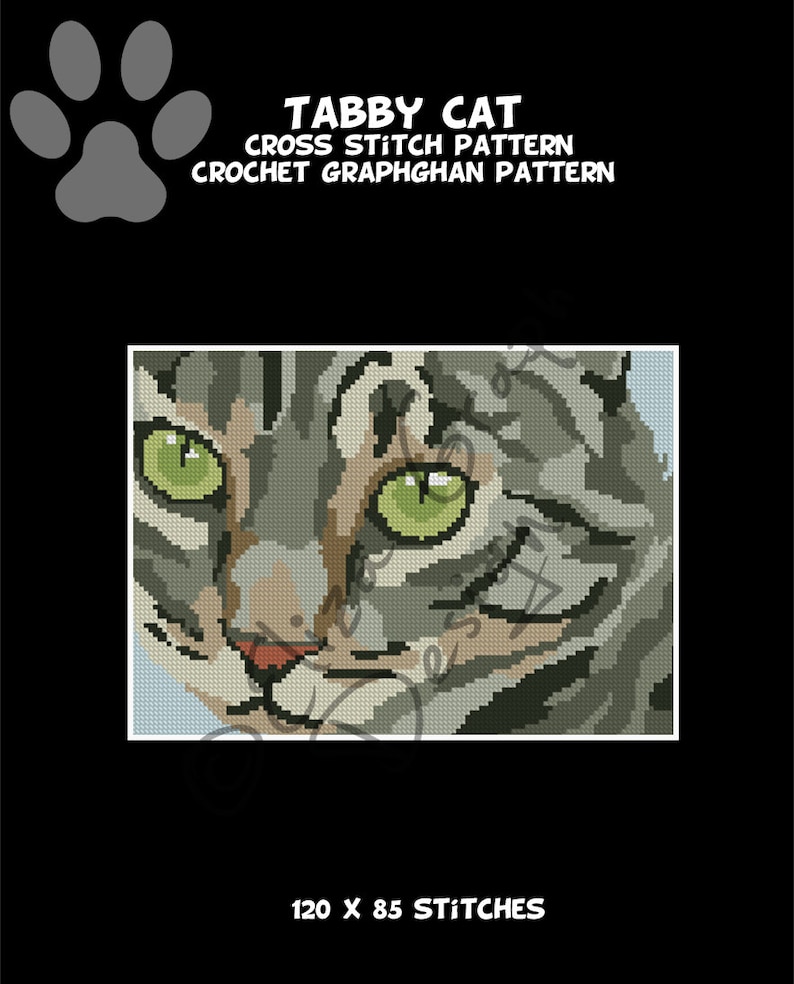 Grey Tabby Cat CROSS STITCH Pattern CROCHET Graphghan Blanket Etsy