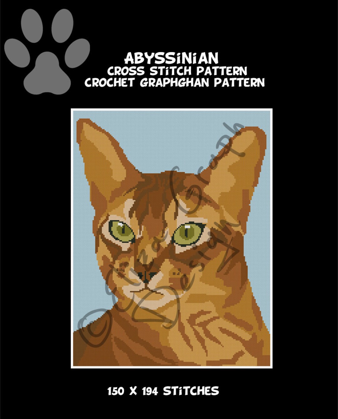 Abyssinian Cat CROSS STITCH Pattern, CROCHET Graphghan Blanket Pattern ...