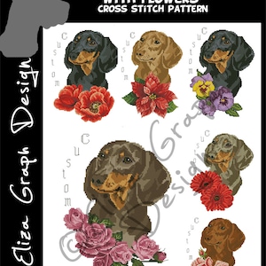 Custom Dachshund Cross Stitch Pattern with custom flowers and custom name in PDF Counted Dog Pattern