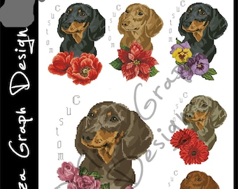 Custom Dachshund Cross Stitch Pattern with custom flowers and custom name in PDF Counted Dog Pattern