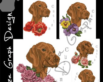 Custom Hungarian Vizsla Cross Stitch Pattern with custom flowers and custom name in PDF Counted Dog Pattern