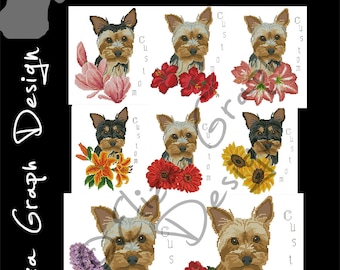 Custom Yorkie Cross Stitch Pattern, with chooseable flowers and custom name in PDF, Counted dog Pattern