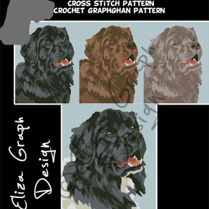May include: Cross stitch pattern for a Newfoundland dog. The pattern includes three different color variations of the dog: black, brown, and gray. The pattern is 150 stitches wide by 186 stitches tall.