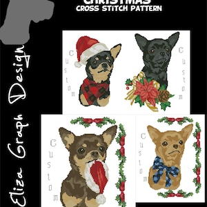May include: Cross stitch pattern featuring three different Christmas-themed Chihuahua designs. Each design includes a Chihuahua wearing a festive accessory, such as a Santa hat or a bow tie, and is surrounded by holly and other holiday decorations. The text "CUSTOM CHIHUAHUA CHRISTMAS CROSS STITCH PATTERN" is displayed at the top of the image.