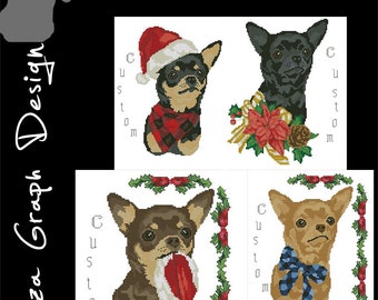 Custom Christmas Chihuahua Cross Stitch Pattern with chooseable decoration and custom name in PDF Counted dog Pattern