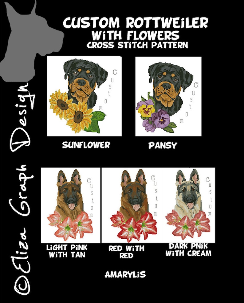 Custom Rottweiler Cross Stitch Pattern With Custom Flowers and Custom ...