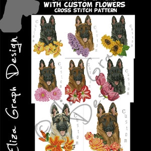 Custom German Shepherd Cross Stitch Pattern, with chooseable flowers and custom name in PDF, Counted dog Pattern