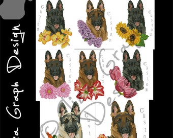 Custom German Shepherd Cross Stitch Pattern, with chooseable flowers and custom name in PDF, Counted dog Pattern