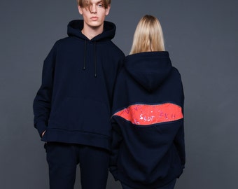 Handmade Embroidered Smiley Face Hoodie, Unisex Cotton Blend Sweater