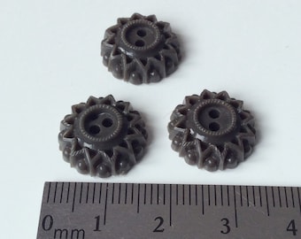 3 little gray brown plastic buttons / 15 mm unusual vintage star-flower plastic buttons