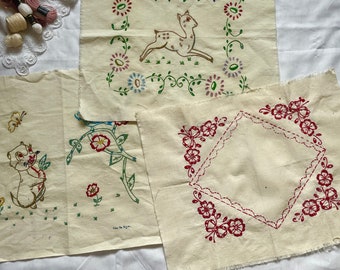 Old handmade embroidered panels - Rabbit and Bird - Fawn and flowers - Red flowers