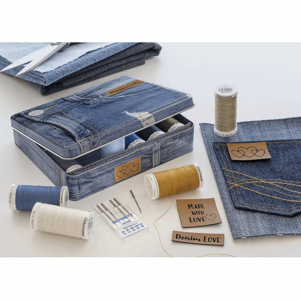 Gütermann Denim Thread Decorative Storage Tin - x12 Spools Denim Thread, Needles & Labels Giftbox tin 799782