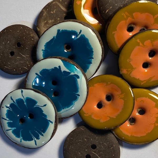 Enamel Coconut Buttons round glossy turquoise white tangerine peach olive natural two hole 48mm 28mm each one unique Italian