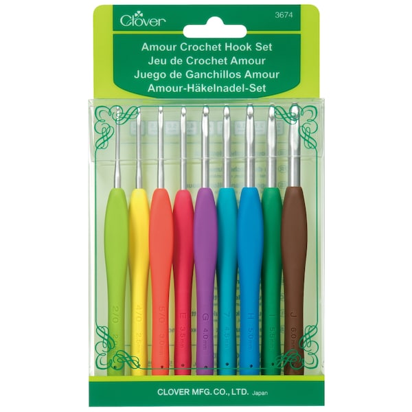 Clover Amour Crochet Hook Set rainbow colourful soft grip easy to use handles 3674 2mm-6mm Amour Steel pastels 3675 0.6mm-1.75